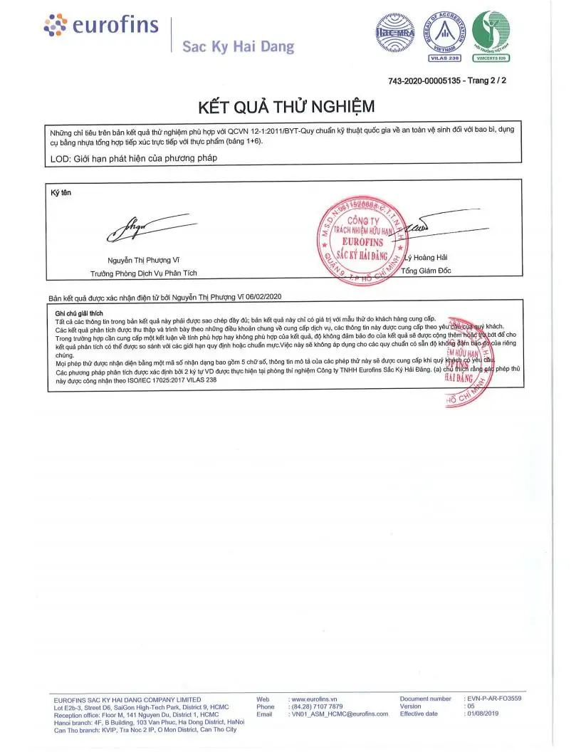 Kết quả kiểm nghiệm hộp nhựa Duy Tân được sản xuất bằng nhựa Polystyren (PS) được công nhận là an toàn cho thực phẩm.